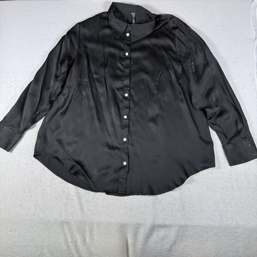 Anthropologie Womens L Black Satin Finish Button Down Blouse Long Sleeve Top